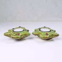 Pair of ceramic tealight candle holders shaped like a Christmas tree with Xmas lights design: Top Side View - Click to enlarge