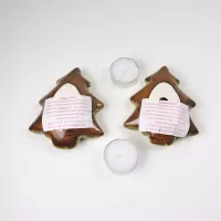Pair of ceramic tealight candle holders shaped like a Christmas tree with Xmas lights design: Bottom View - Click to enlarge