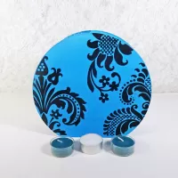 Round top tealight candle holder with blue frosty glass and darker velvet accents. Three candles included: Front View - Click to enlarge