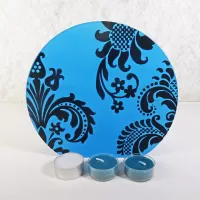 Round top tealight candle holder with blue frosty glass and darker velvet accents. Three candles included: Back View - Click to enlarge