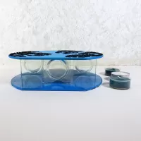 Round top tealight candle holder with blue frosty glass and darker velvet accents. Three candles included: Bottom View - Click to enlarge