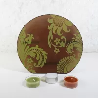 Round top tealight candle holder. Brown frosty glass with lime green velvet accents. Three candles included: Front View - Click to enlarge