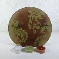 Round top tealight candle holder. Brown frosty glass with lime green velvet accents. Three candles included: Back View - Click to enlarge