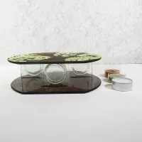 Round top tealight candle holder. Brown frosty glass with lime green velvet accents. Three candles included: Bottom View - Click to enlarge