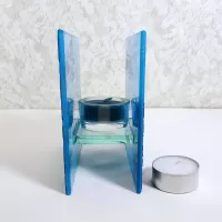 Square two sided blue frosty glass tealight candle holder with darker blue velvet accents. 2 candles included: Right Side View - Click to enlarge