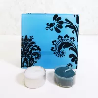 Square two sided blue frosty glass tealight candle holder with darker blue velvet accents. 2 candles included: Back View - Click to enlarge