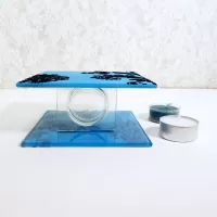 Square two sided blue frosty glass tealight candle holder with darker blue velvet accents. 2 candles included: Bottom View - Click to enlarge