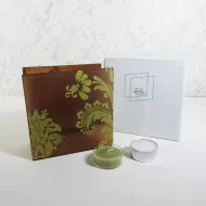 Square two sided brown frosty glass tealight candle holder with lime green velvet accents. 2 candles included: With Box View