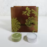Square two sided brown frosty glass tealight candle holder with lime green velvet accents. 2 candles included: Front View - Click to enlarge