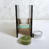 Square two sided brown frosty glass tealight candle holder with lime green velvet accents. 2 candles included: Side View - Click to enlarge