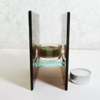 Square two sided brown frosty glass tealight candle holder with lime green velvet accents. 2 candles included: With Candle View - Click to enlarge