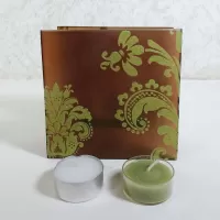 Square two sided brown frosty glass tealight candle holder with lime green velvet accents. 2 candles included: Back View - Click to enlarge