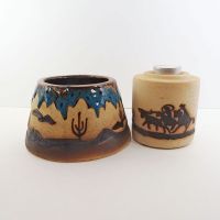 Cowboys on horseback with lassos ceramic clay tealight candle lamp. Two piece southwestern theme candle holder: With Candle View - Click to enlarge