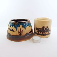 Cowboys on horseback with lassos ceramic clay tealight candle lamp. Two piece southwestern theme candle holder: Parts View - Click to enlarge