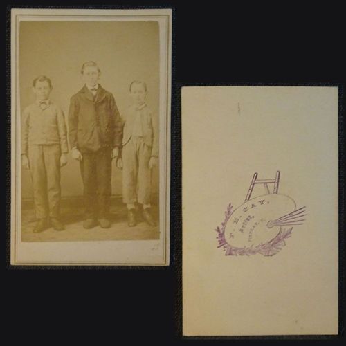Antique CDV Carte De Visite three boys standing in a row by F.B. Zay Artist  Findlay, O: Front and Back View