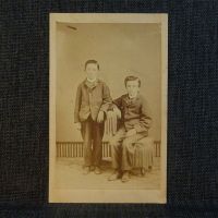 Antique CDV Carte De Visite of two boys and a sideways chair by Twining & Kinneman Findlay Ohio: Front View - Click to enlarge