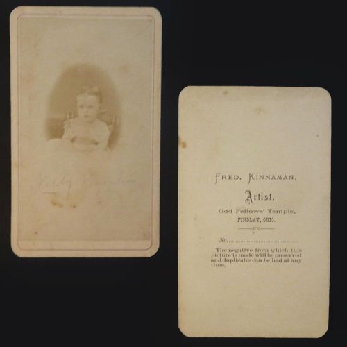 Antique CDV Carte De Visite Little Girl in Chair Fred Kinnaman, Artist Findlay Ohio: Front and Back View