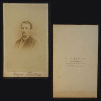  Antique CDV Carte De Visite: Eugene Fairfield with a mustache and goatee by M.V. Dunlap Photographer Salem, O: Front and Back View - Click to enlarge