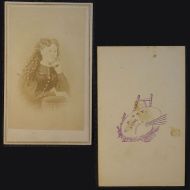 Antique CDV Carte De Visite: Woman from the waist area up with long curly hair, head resting on one hand: Front and Back View