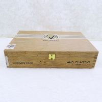 Avo Uvezian Classic Robusto empty vintage cigar box. Light bare wood with metal hinges and clasp: Front View - Click to enlarge