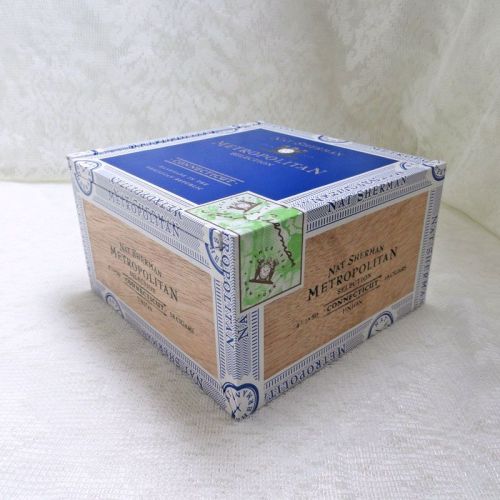 Nat Sherman Small Empty Wood Cigar Box Blue Trim