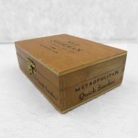 Nat Sherman Metro Quick Smokes vintage small cigar box. Bare wood. Finger corner joints. Metal hinges clasp: Main View - Click to enlarge