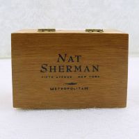 Nat Sherman Metro Quick Smokes vintage small cigar box. Bare wood. Finger corner joints. Metal hinges clasp: Top View - Click to enlarge