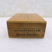 Nat Sherman Metro Quick Smokes vintage small cigar box. Bare wood. Finger corner joints. Metal hinges clasp: Left Side View - Click to enlarge