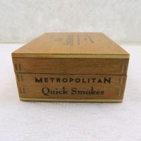 Nat Sherman Metro Quick Smokes vintage small cigar box. Bare wood. Finger corner joints. Metal hinges clasp: Right Side View - Click to enlarge