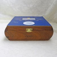 Nat Sherman empty wood cigar box with metal hinges and clasp featuring rounded sides, dovetailing, and beautiful wood grain Front View - Click to enlarge