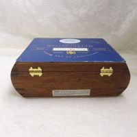 Nat Sherman empty wood cigar box with metal hinges and clasp featuring rounded sides, dovetailing, and beautiful wood grain Back View - Click to enlarge