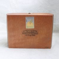 Nat Sherman empty wood cigar box with metal hinges and clasp featuring rounded sides, dovetailing, and beautiful wood grain Bottom View - Click to enlarge