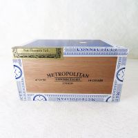 Nat Sherman Empty Wood Cigar Box with Paper Trim and Two Wood Dividers Left View - Click to enlarge