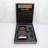 Partagas Decadas 1998 cigar box with three cigar tin carry case. Gold graphics on black. Both empty: Top Opened View - Click to enlarge