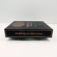Partagas Decadas 1998 cigar box with three cigar tin carry case. Gold graphics on black. Both empty: Right Side View - Click to enlarge