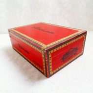 Plasencia empty wood cigar box with colorful paper accents. Gold hinges and contrasting black graphics: Main View