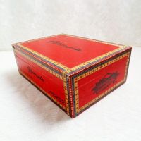 Plasencia empty wood cigar box with colorful paper accents. Gold hinges and contrasting black graphics: Main View - Click to enlarge