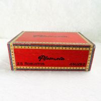 Plasencia empty wood cigar box with colorful paper accents. Gold hinges and contrasting black graphics: Front View - Click to enlarge