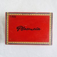 Plasencia empty wood cigar box with colorful paper accents. Gold hinges and contrasting black graphics: Top View - Click to enlarge