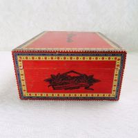 Plasencia empty wood cigar box with colorful paper accents. Gold hinges and contrasting black graphics: Left Side View - Click to enlarge