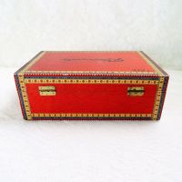 Plasencia empty wood cigar box with colorful paper accents. Gold hinges and contrasting black graphics: Back View - Click to enlarge
