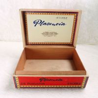 Plasencia empty wood cigar box with colorful paper accents. Gold hinges and contrasting black graphics: Inside View - Click to enlarge