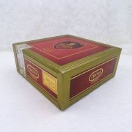 Troya Empty Wood Cigar Box with Deep Red and Gold Paper Covering: Main View