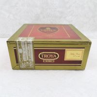 Troya Empty Wood Cigar Box with Deep Red and Gold Paper Covering: Front View - Click to enlarge