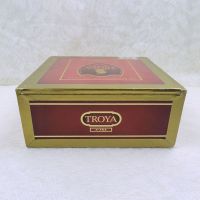 Troya Empty Wood Cigar Box with Deep Red and Gold Paper Covering: Back View - Click to enlarge
