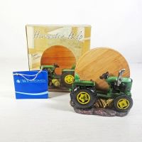 Green Farm Tractor Figurine and Bamboo Coasters Set - Click to enlarge
