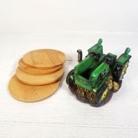 Green Farm Tractor Figurine and Bamboo Coasters Set - Click to enlarge