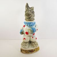 Vintage 1968 Jim Beam Trophy decanter: Donkey dressed in a white clown suit with red dots and blue trim: Front View - Click to enlarge