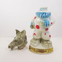 Vintage 1968 Jim Beam Trophy decanter: Donkey dressed in a white clown suit with red dots and blue trim: Top Off View - Click to enlarge