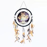 Dream catcher featuring a round canvas depicting three wolves surrounding a moon filled sky, more wolves on the ground: Front View